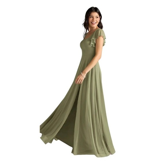 Azazie Bondi Formal Maxi Dress Pistachio Green Slit Gown Sz 2 Bridesmaid - Picture 1 of 13